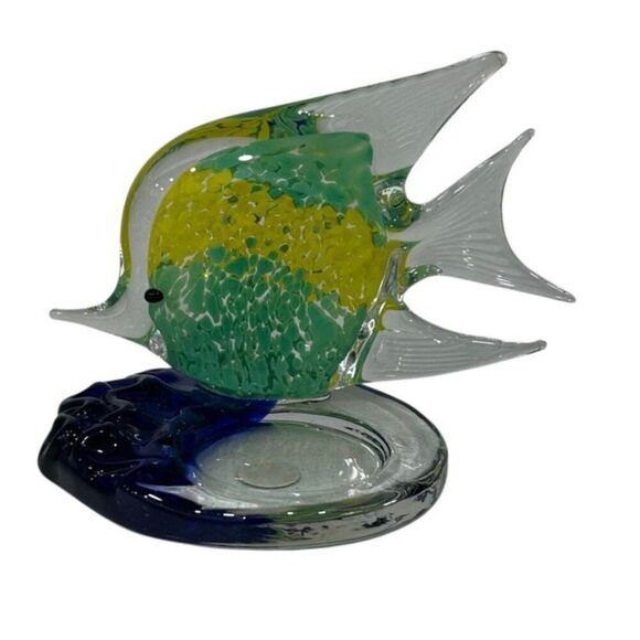 Partylite Tealight Candle Holder Figurine 4" Green Blue Tropical Fish Art Glass - Picture 2 of 7